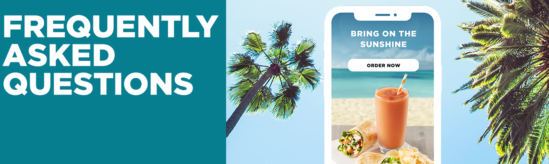 Webslider featuring Tropical Smoothie Cafe App on a mobile screen with palm trees in the background with title frequently asked questions